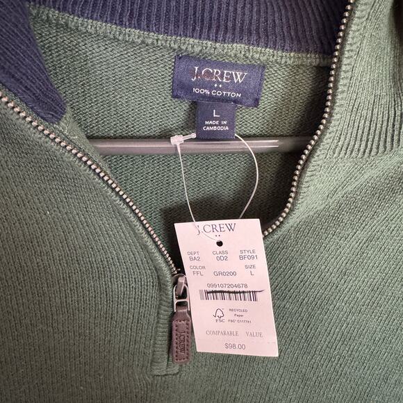J.Crew Cotton Half-zip Sweater Mens L Green Pullover Ribbed Trim Leather Zipper - Picture 3 of 8